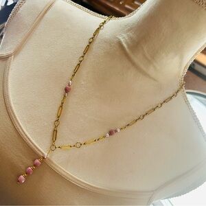 Handcrafted faceted square cut rhodonite genuine pearl paperclip jewelry set